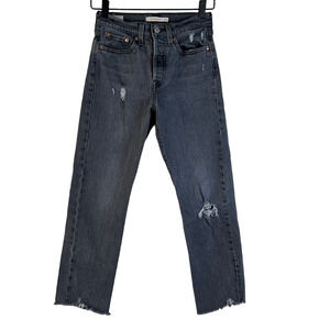 Levis Premium Womens Straight Leg Jeans Black Distressed High Rise Denim 24